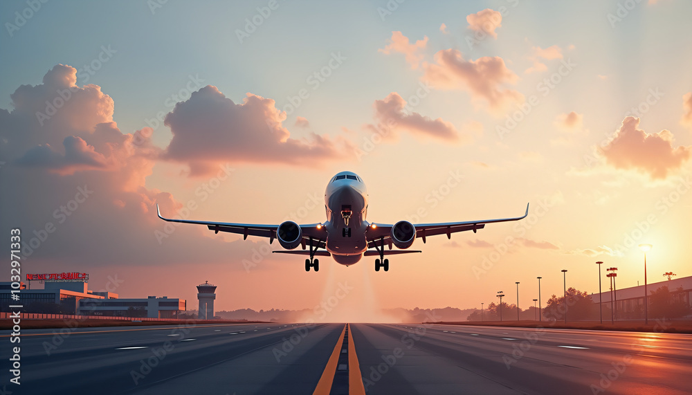 Fototapeta premium Airplane Taking Off at Sunrise with Dramatic Sky