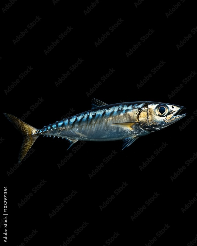 Fototapeta premium the Pacific Jack Mackerel, portrait view, white copy space on right, Isolated on black Background