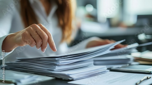 Business Working Woman Burnout Businesswoman s hands gripping the edge of a cluttered desk, surrounded by floating holographic notifications, soft neon lighting, burnout theme