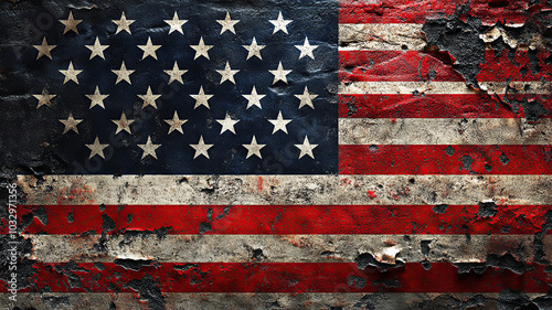 Red, white and blue American flag old and worn, giving it a vintage and somewhat worn-out appearance