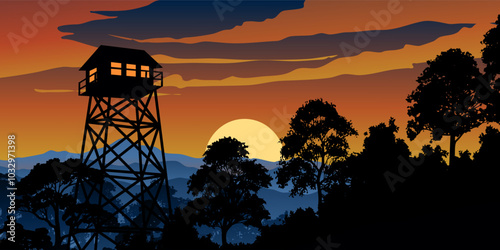 sunset in the forest with watch tower