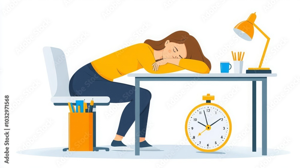 Obraz premium Business Working Woman Burnout Fatigued woman resting on her desk, clock showing late hours, flat design illustration