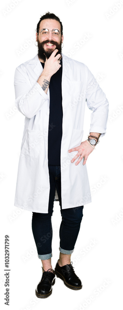 Doctor therapist man with long hair and bear wearing white coat looking confident at the camera with smile with crossed arms and hand raised on chin. Thinking positive. Doctor therapist man with long hair and bear wearing white coat looking confident at the camera with smile with crossed arms and hand raised on chin. Thinking positive.