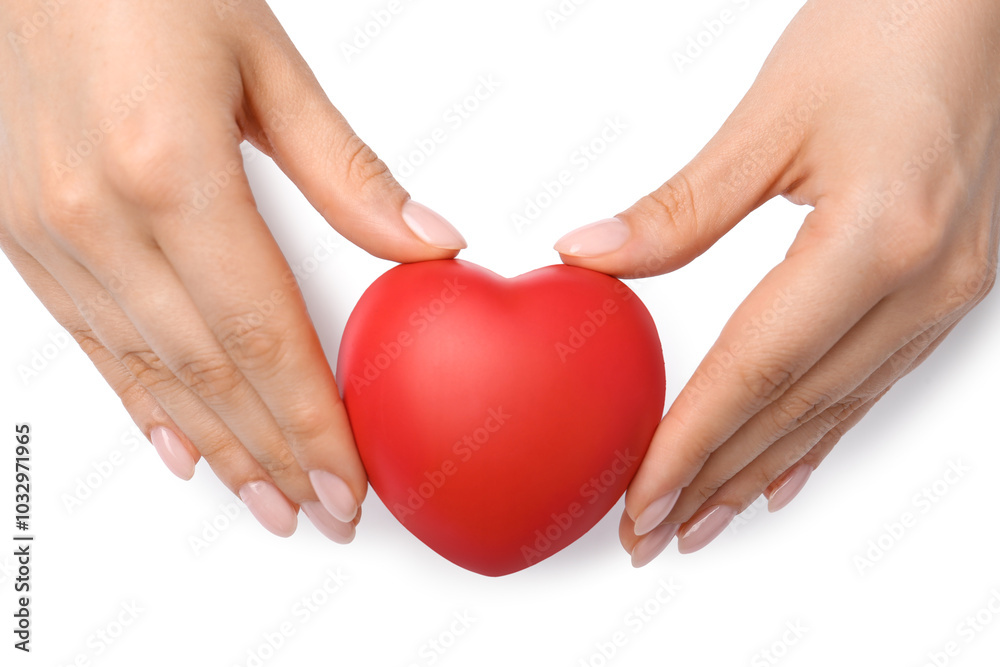 Woman with red decorative heart at white table, top view Woman with red decorative heart at white table, top view