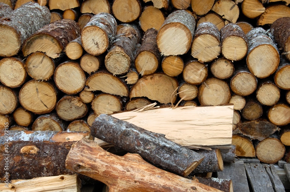 sawn firewood stacked against the wall sawn firewood stacked against the wall