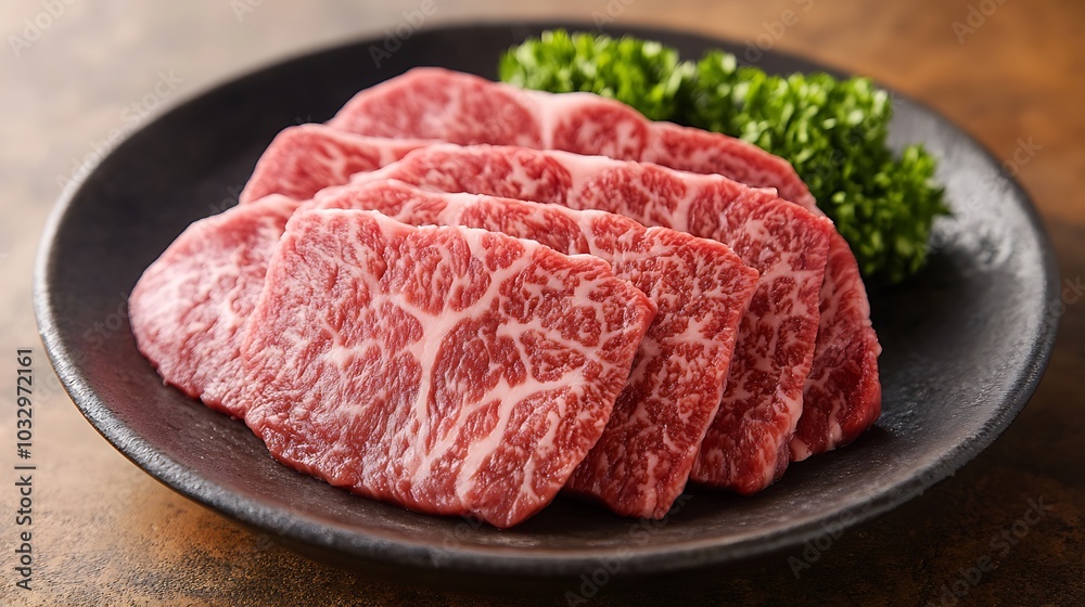 Raw Beef Slices for Grilling on a Black Plate Raw Beef Slices for Grilling on a Black Plate