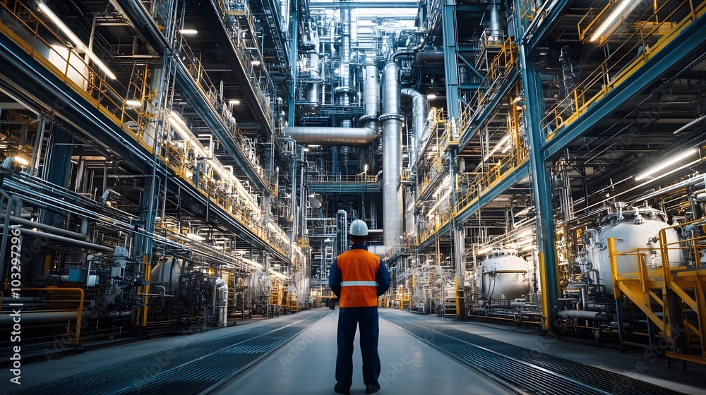 A wide view of an engineer standing next to towering machinery inside a sprawling petrochemical production facility. A wide view of an engineer standing next to towering machinery inside a sprawling petrochemical production facility.