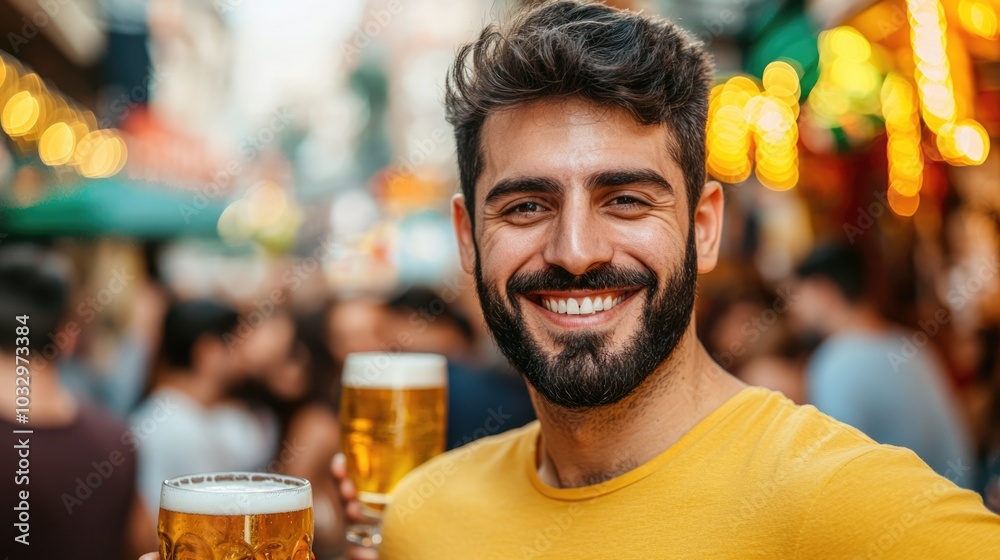 A cheerful man smiles while holding beer mugs in a vibrant, crowded street party filled with colorful lights and lively atmosphere. A cheerful man smiles while holding beer mugs in a vibrant, crowded street party filled with colorful lights and lively atmosphere.