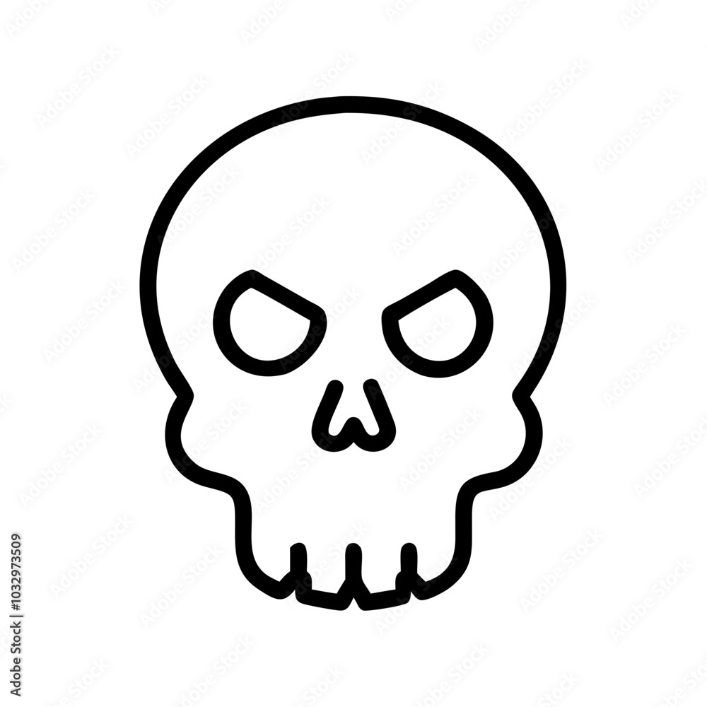 Black outline icon of a skull featuring a classic design with hollow eye sockets and a prominent jaw, designed without a background, perfect for representing Halloween themes, danger, and mortality. Black outline icon of a skull featuring a classic design with hollow eye sockets and a prominent jaw, designed without a background, perfect for representing Halloween themes, danger, and mortality.