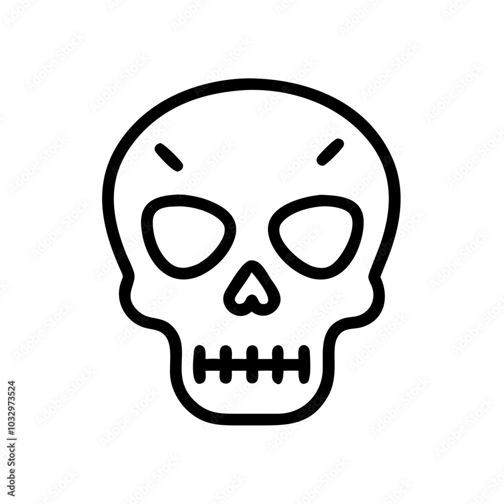 Black outline icon of a skull featuring a classic design with hollow eye sockets and a prominent jaw, designed without a background, perfect for representing Halloween themes, danger, and mortality. Black outline icon of a skull featuring a classic design with hollow eye sockets and a prominent jaw, designed without a background, perfect for representing Halloween themes, danger, and mortality.