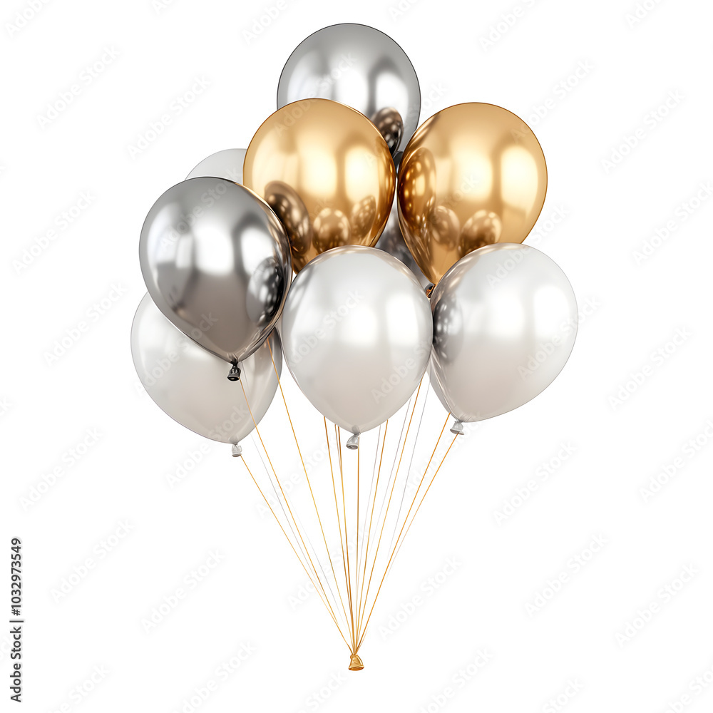 a bunch of gold, silver and white balloons on ribbons. festive balls on a white background. design element. festive atmosphere a bunch of gold, silver and white balloons on ribbons. festive balls on a white background. design element. festive atmosphere