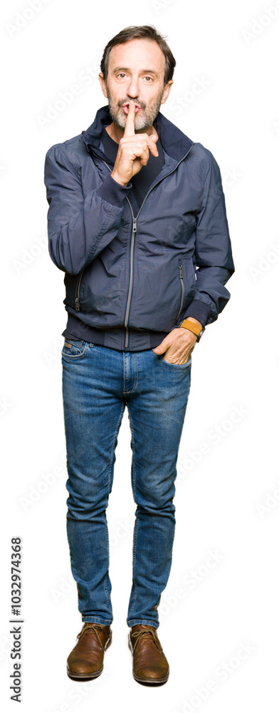 Middle age handsome man wearing a jacket asking to be quiet with finger on lips. Silence and secret concept. Middle age handsome man wearing a jacket asking to be quiet with finger on lips. Silence and secret concept.
