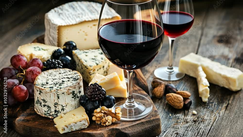 A wooden board is covered in a spread of cheeses, grapes, and blackberries, accompanied by two glasses of red wine A wooden board is covered in a spread of cheeses, grapes, and blackberries, accompanied by two glasses of red wine