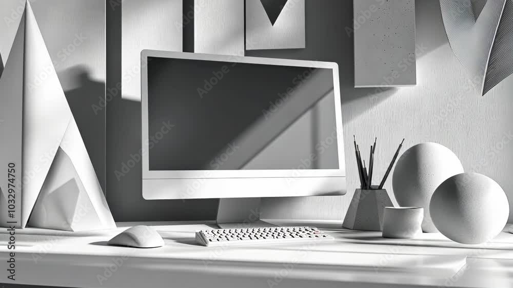 A white desktop computer sits on a desk in a minimalist home office, surrounded by geometric shapes