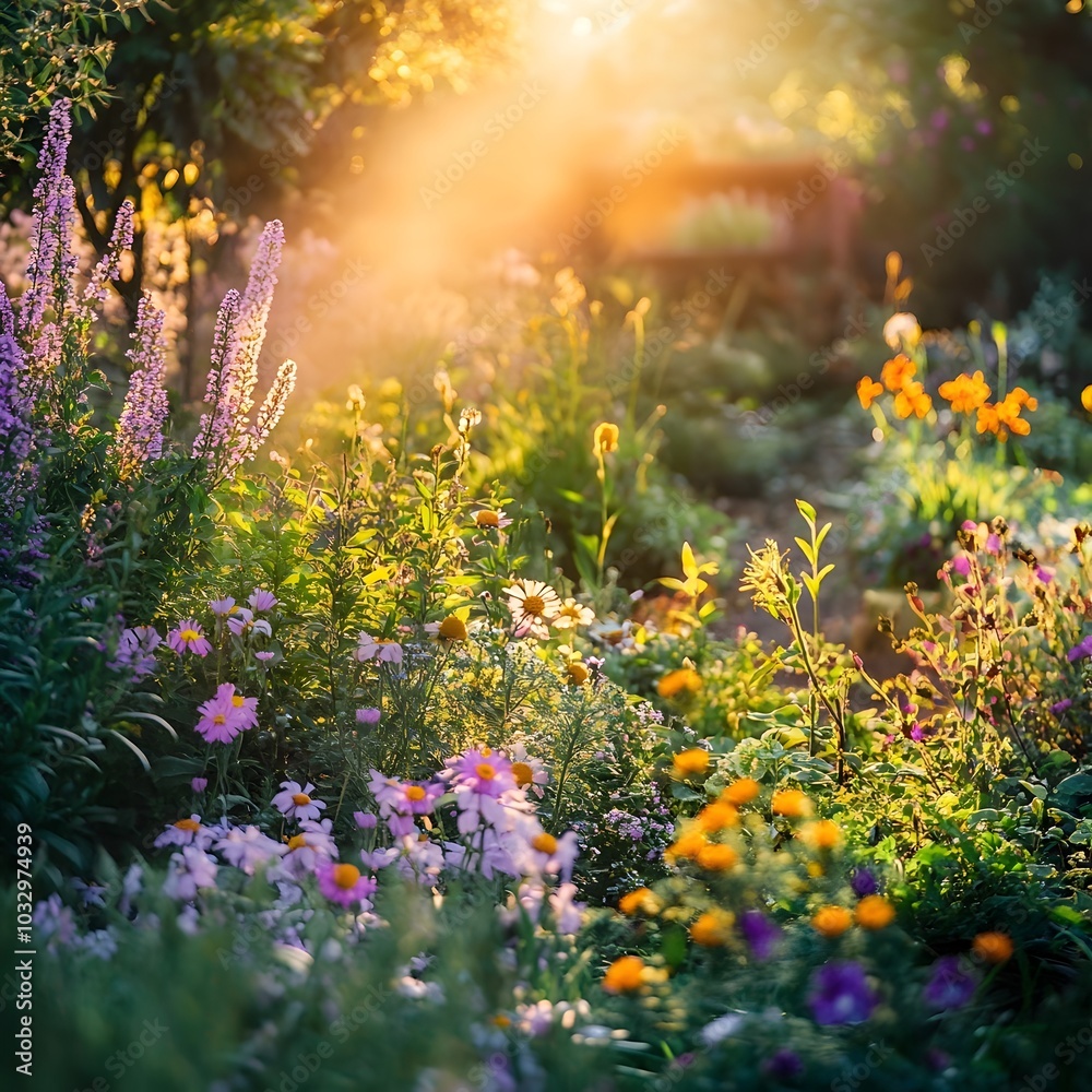 Vibrant Medicinal Herb Garden Filled with Colorful Flowers and Healing Plants Under Soft Sunlight Vibrant Medicinal Herb Garden Filled with Colorful Flowers and Healing Plants Under Soft Sunlight