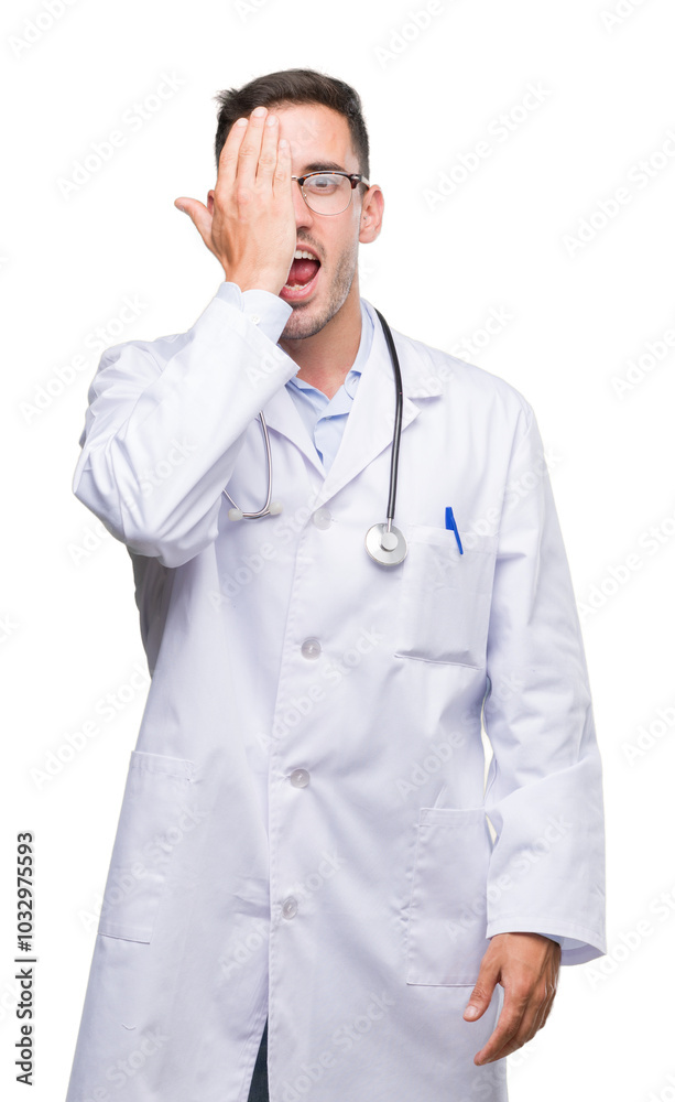 Handsome young doctor man covering one eye with hand with confident smile on face and surprise emotion. Handsome young doctor man covering one eye with hand with confident smile on face and surprise emotion.