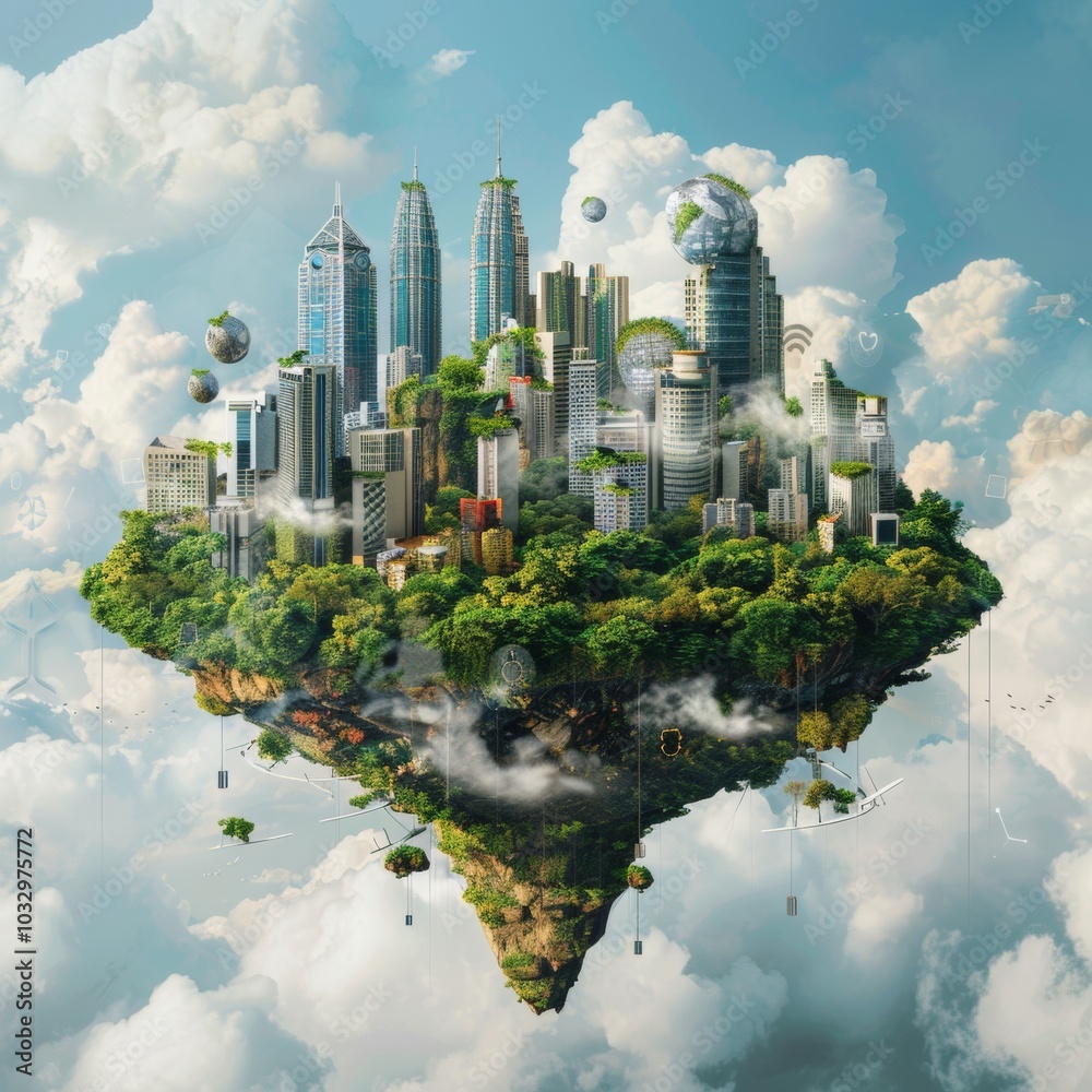 Fototapeta premium Fantasy island floating in the air with 5G network wireless systems and internet of things , Smart city and communication network concept