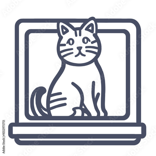 Cat Sitting on Laptop Line Art Vector Illustration - Minimalist Digital Art of Feline in Computer Frame for Technology and Pet Lovers