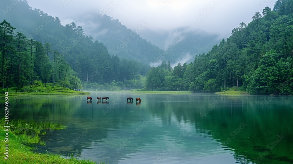 A large green lake surrounded by dense forests, with misty mountains in the background and several horses grazing on grass near the water. A large green lake surrounded by dense forests, with misty mountains in the background and several horses grazing on grass near the water.