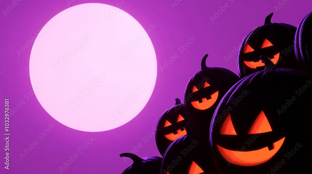Fototapeta premium 3D halloween evil pumpkins jack-o-lantern silhouettes with a big moon at night glow illuminiated illustration decoration purple pink white background with copy space