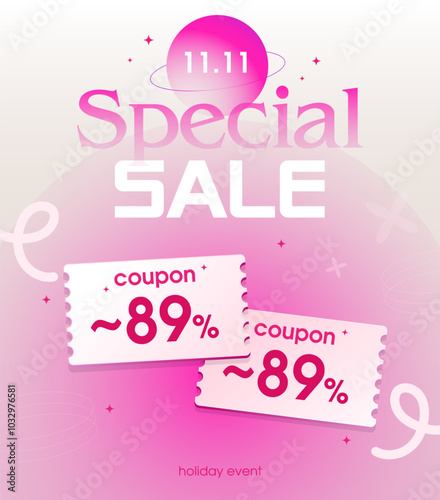 Special sale banner template with coupons and percentage price off, isolated on pink background. Gift vouchers for valentine discount event. Vector illustration. Vector illustration