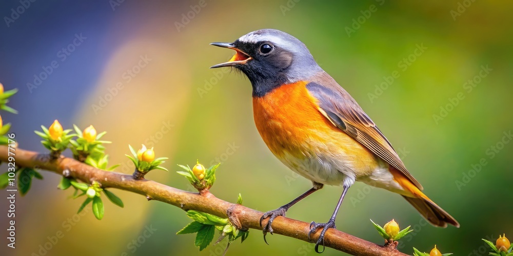 Fototapeta premium Male Common Redstart Singing on a Branch in Spain - Captivating Nature, Birds, Wildlife, Springtime, Songbird, Tilt-Shift Photography, Colorful Feathers, Natural Habitat, Scenic Landscape
