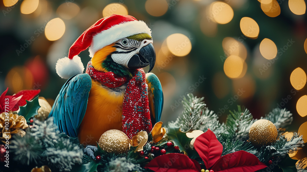 a parrot with a christmas hat and decorations on a christmas tree during christmas eve with fun pets
