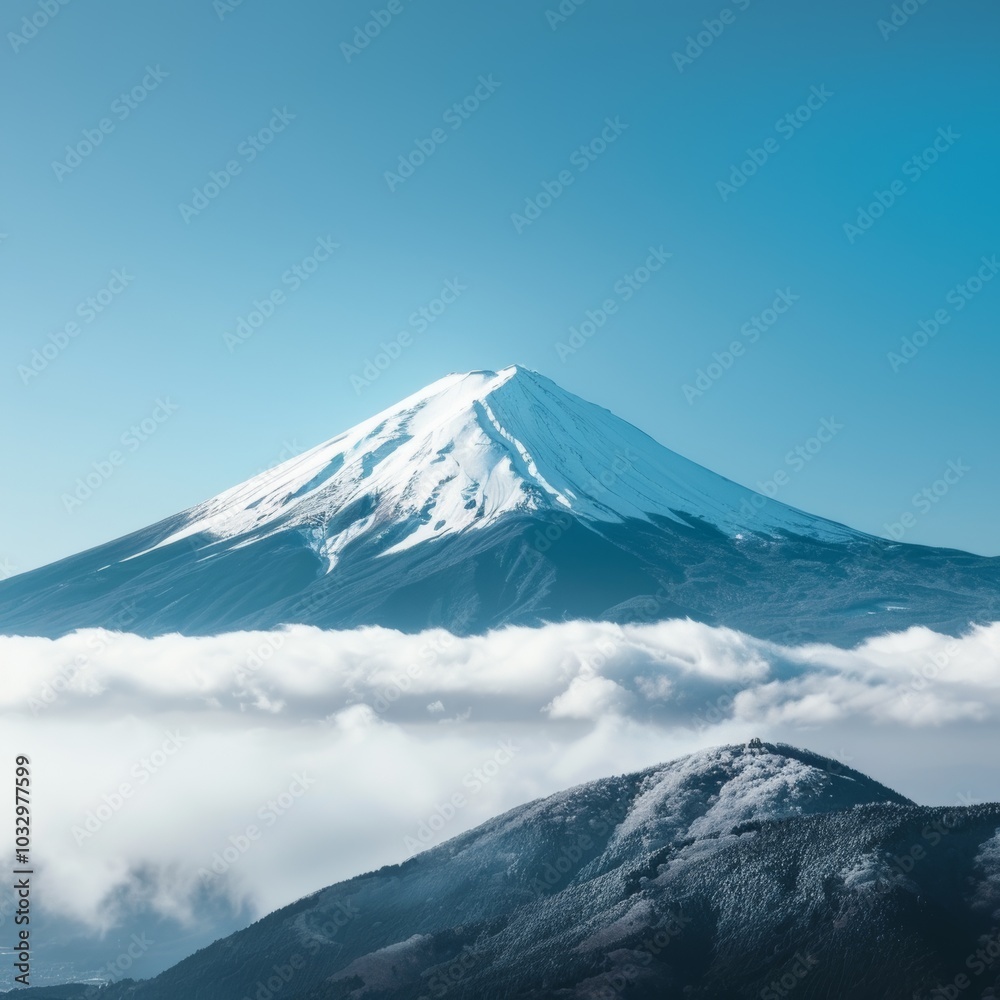 tranquil winter scene of rooftops blanketed in snow with Mount Fuji in the background and a clear sky is perfect for promoting mountain retreats and tourism in Japan. tranquil winter scene of rooftops blanketed in snow with Mount Fuji in the background and a clear sky is perfect for promoting mountain retreats and tourism in Japan.