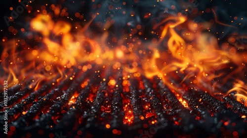 Fire flames on an empty barbecue grill background, in a closeup