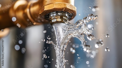 Water Splashes From Brass Faucet With Blurred Background photo