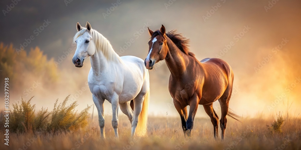Minimalist Photography of Two Horses, One Brown and One White on Serene Landscape, Capturing Nature's Beauty and Equine Grace in Simple Elegance, Perfect for Animal Lovers and Art Enthusiasts Minimalist Photography of Two Horses, One Brown and One White on Serene Landscape, Capturing Nature's Beauty and Equine Grace in Simple Elegance, Perfect for Animal Lovers and Art Enthusiasts