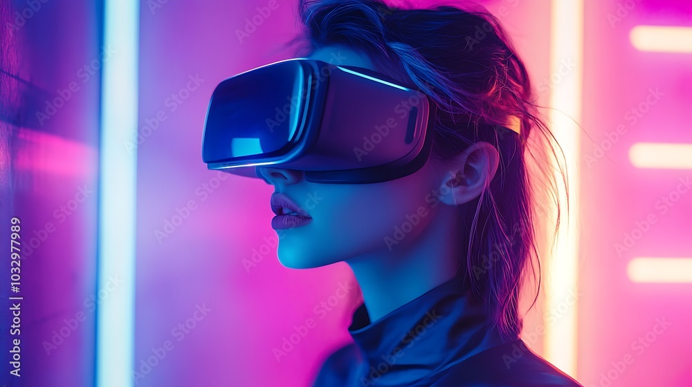 Woman in Virtual Reality Headset Under Neon Lights