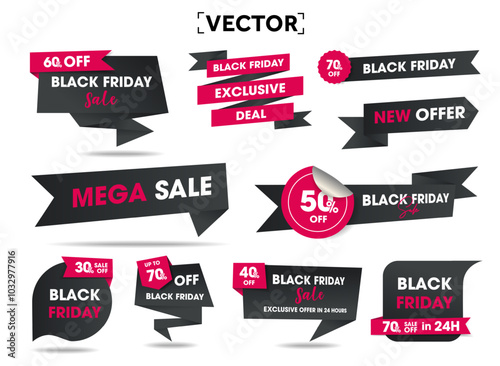 Set of Black Friday sale labels or badges, isolated on white background. Black Friday discount banner tag set. Sticker template. Vector illustration. Vector illustration