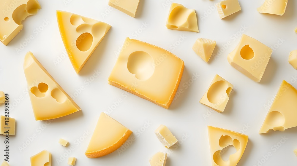 pieces of tasty yellow cheese isolated on white background. 