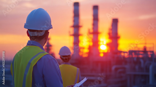 Industry workers observing a sunset at an oil refinery, symbolizing hard work and dedication in the energy sector.