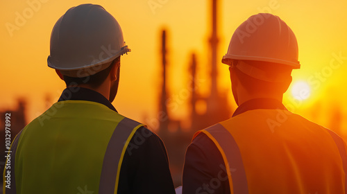 Silhouetted workers observing an industrial landscape during sunset, showcasing teamwork and dedication in the energy sector. photo