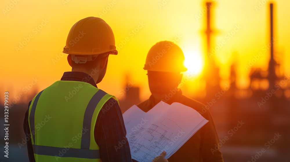 Two construction workers in helmets discuss plans during a sunset at a construction site. Silhouetted against the vibrant sky, showcasing teamwork. Two construction workers in helmets discuss plans during a sunset at a construction site. Silhouetted against the vibrant sky, showcasing teamwork.