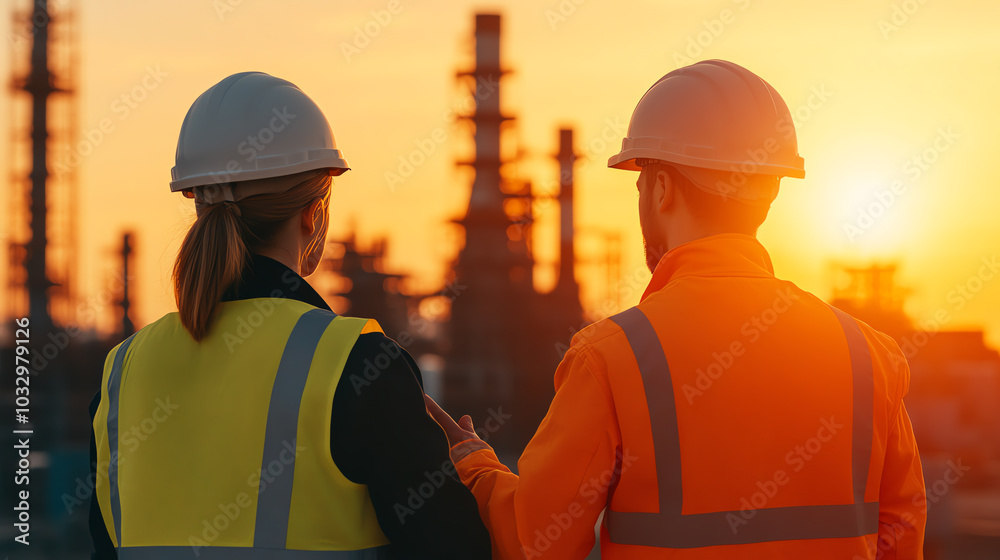 Two construction workers in safety gear discuss a project at sunset near industrial buildings, showcasing teamwork and safety in the workplace. Two construction workers in safety gear discuss a project at sunset near industrial buildings, showcasing teamwork and safety in the workplace.