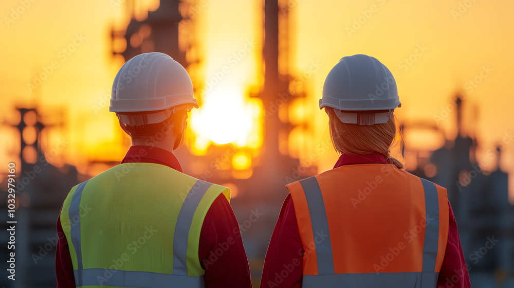 Two construction workers in safety gear observing a sunset at a plant site, showcasing teamwork and dedication to safety and progress. Two construction workers in safety gear observing a sunset at a plant site, showcasing teamwork and dedication to safety and progress.