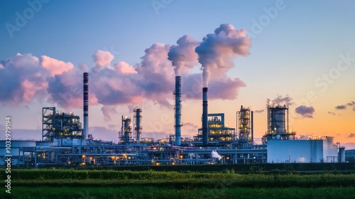 A refinery complex at sunset, showcasing industrial structures and smoke emissions against a colorful sky.