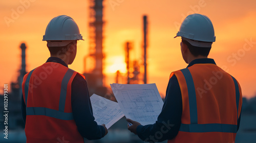 Two engineers analyzing project plans at sunset in an industrial setting, wearing hard hats and safety vests, with silhouettes of oil refinery.