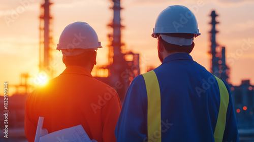 Two engineers in safety helmets observe a sunset at an industrial site, reflecting teamwork and innovation in the oil and gas sector.