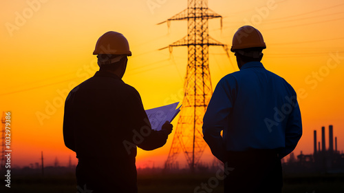 Two engineers observe a power line at sunset, highlighting teamwork and dedication in the energy sector against a colorful sky. photo