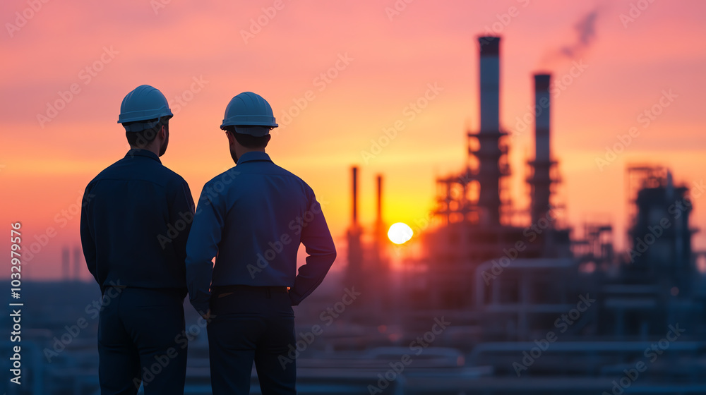 Two workers in hard hats observing a sunset over an industrial landscape, highlighting themes of teamwork and progress in the manufacturing sector.
