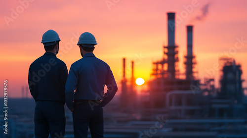 Obraz na płótnie Two workers in hard hats observing a sunset over an industrial landscape, highlighting themes of teamwork and progress in the manufacturing sector. w salonie