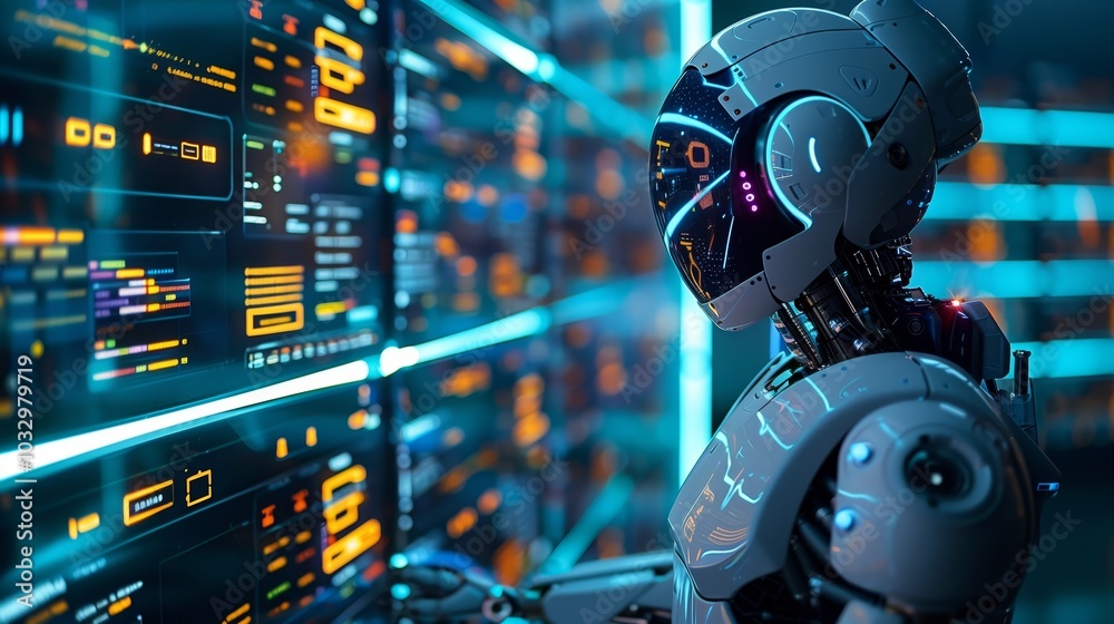 A humanoid robot is working on an advanced computer, surrounded by screens displaying data and code in the background A humanoid robot is working on an advanced computer, surrounded by screens displaying data and code in the background