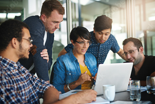 Office, discussion and business people on laptop for research, website and online project. Creative agency, startup company and men and women on computer for planning, teamwork and collaboration