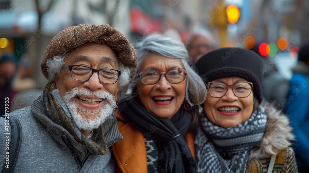 An elderly multiethnic group of friends smiling and posing for the camera at an outdoor event in New York City An elderly multiethnic group of friends smiling and posing for the camera at an outdoor event in New York City