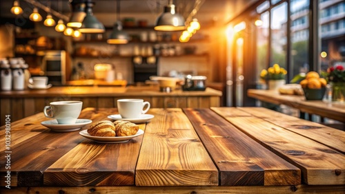 Rustic Product Photography of an Empty Butcherblock Table with a Blurred Coffee Shop Background Ideal for Culinary Displays and Lifestyle Branding