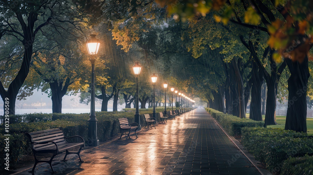 Obraz premium Serene rain-soaked urban park pathway at night with benches and trees